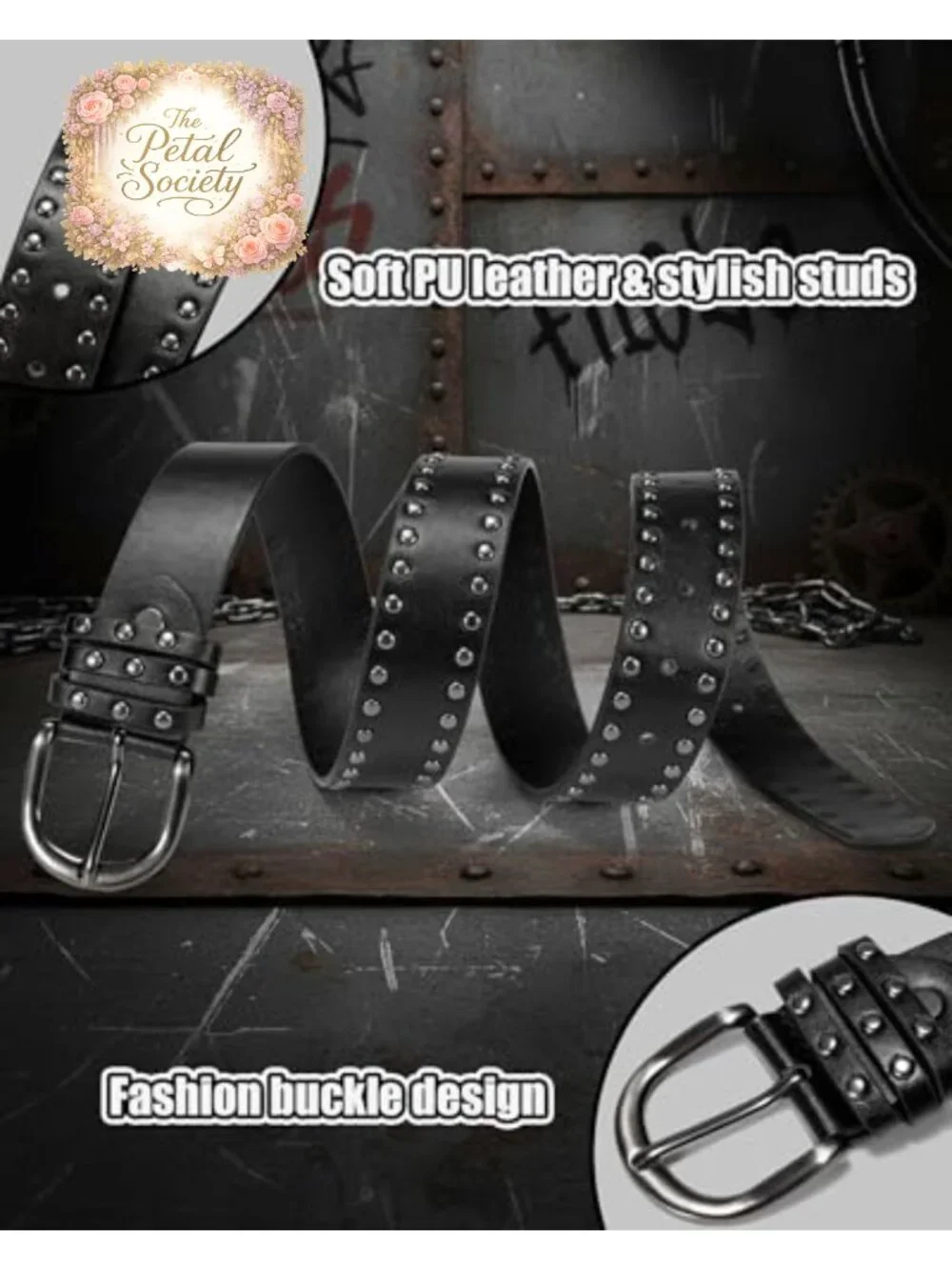 Studded PU Leather Punk Belt with Buckle, Adjustable Fit, 1.38